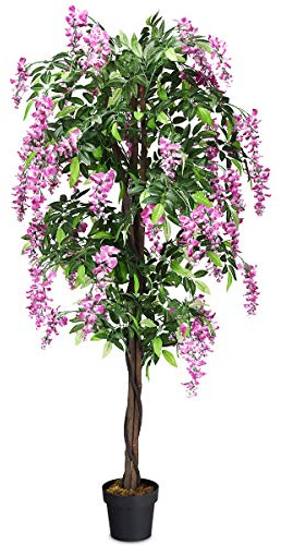 COSTWAY Konstträd med blommor, stor konstgjord växt i kruka, inomhusväxt med naturliga blad och 2 stammar, konstgjorda blommor, konstgjort träd med blommor, rosa, dekorativ konstgjord växt, grön växt,
