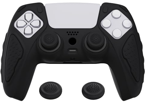 PlayVital Funda de Silicona para ps5 Mando - Carcasa de Goma Antideslizante con Tapas para Pulgar, Protector Tacto Suave, Accesorio Compatible con ps5 - Edición Knight (Negro)