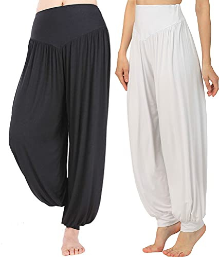 Hoerev Super Soft Spandex Byxor Modal Harem Yoga Pilates，Svart + vit 2 par，XS