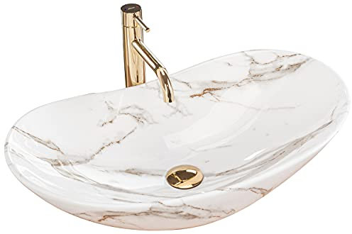 Rea Waschbecken Waschtisch Aufsatzwaschbecken Keramik Handwaschbecken Aufsatz Waschschale Oval Stein Elfenbein Marmor 36x60 Badezimmer