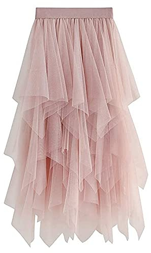 YILEEGOO Women's Tulle Skirt High Waist Tiered Layered Mesh Ballet Prom Party Tulle Tutu A-line Midi Skirt (Pink, ONE Size)