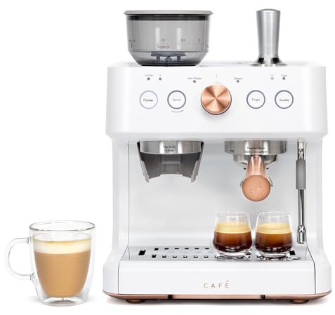 Café Bellissimo Semi Automatic Espresso Machine with Grinder & Milk Frother | Copper Accents | WiFi App Control | Large 95oz Tank | Matte White
