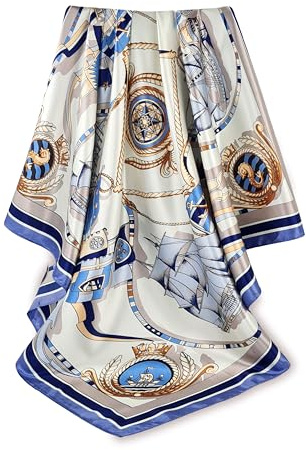 GLORIS Sidenscarf dam elegant 90 x 90 cm sidenscarf hår sidenscarf dam siden elegant satinduk halsduk silke dam bandana tyg huvuddukar dam näsduk ansats halsduk bandana, Blått vitt havstryck