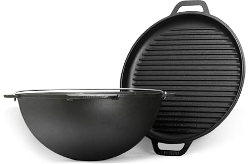 4BIG.fun Schwenktopf 8 L Kazan aus Gusseisen Kasan Asien Kessel mit Deckel-Grillpfanne Gusstopf Campingtopf mit Deckel - Bratpfanne Grill Dutch Oven Tatarskij Wok Outdoorküche Gulaschkanone Grillwok