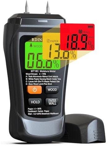 RDINSCOS - Medidor de humedad, higrómetro profesional con función de alarma, análisis de profundidad de 0-10 mm, para pared, madera, yeso, mampostería (MT18C)