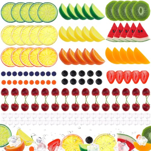 Gresorth 160 piezas de kiwi artificial amarillo melocotón limón decoración falsa sandía bloque de fresa realista frambuesa arándano cereza cubitos de hielo