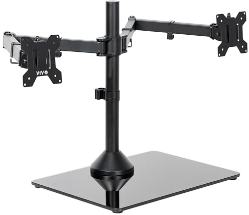 VIVO Freestanding Dual Ultrawide Monitor Stand with Sleek Glass Base and Adjustable Arms, 2 Screens up to 38 inches and 22 lbs Each, Black, STAND-V038FG