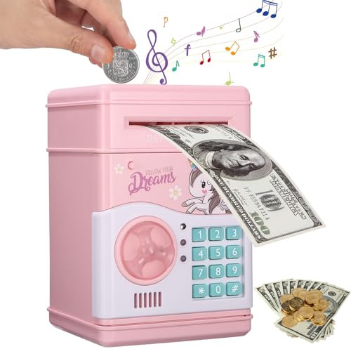 Yulado Hucha Electrónica con Música, Puerta con Contraseña, Caja Ahorro Dinero Papel Desplazamiento Automático, Regalos para Niños y Niñas Rosa