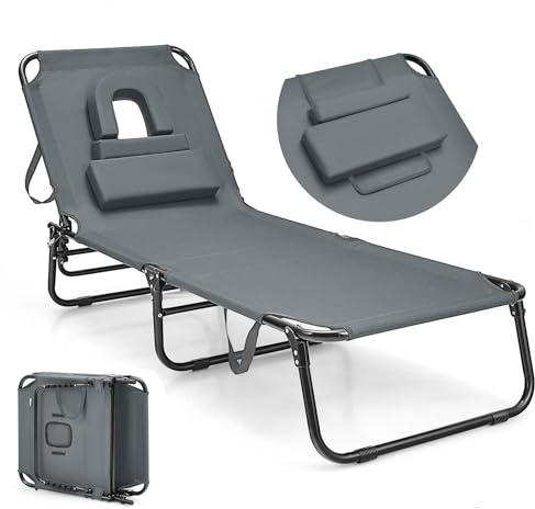 GOPLUS Chaise Longue Pliante Inclinable à 4 Positions Réglables, Transat Jardin Extérieur avec Oreiller Détachable, Lit de Camping, pour Terrasse/Plage 189X59X40CM (1, Gris, 73x63x16CM)