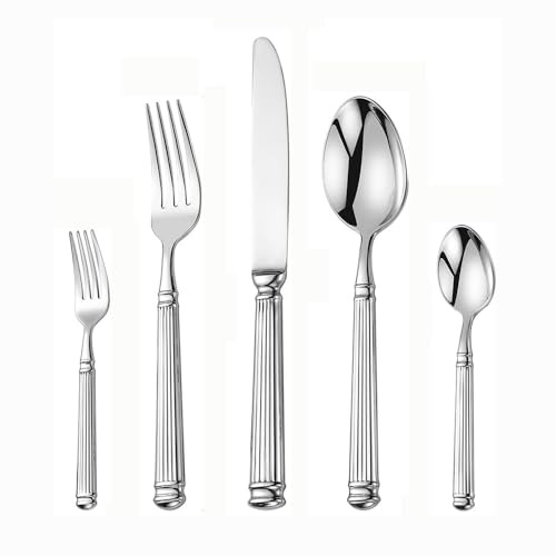 Luce Di Lusso Forgiato Solido Romano Colonna Manico Cucina Acciaio Inox Argenteria Stoviglie Posate Set Bistecca Coltello Forchetta Cucchiaio Cucchiaino (Argento,5 pezzi)
