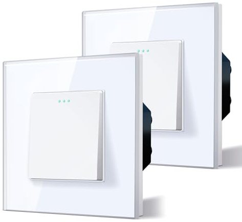 BSEED Interrupteur Mural, Interrupteur à Bascule, Verre Interrupteur Encastrable Bascule,10A 250V Plaque De Cristal Trempé, 86 x 86 mm, 1 Gang 1 Voie, 2PACK, blanc