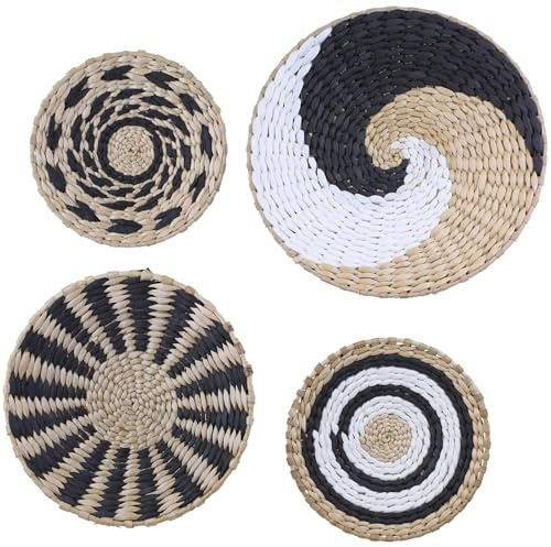 Cesto decorativo bohémien appeso a parete, cesto da parete in paglia fatto a mano, set di decorazioni per la casa da appendere a parete rotondo, vassoio per la decorazione della parete di sfondo (R)