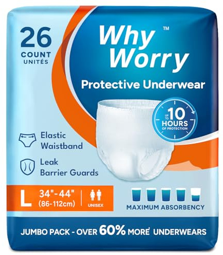 WhyWorry Culottes Incontinence pour Homme et Femme, Couche Culotte Adultes pour Fuites Urinaires, Slips Absorbants Jetables, Contrôle des Odeurs, Unisexe, Taille L, 104 Unités (4 Lot de 26)