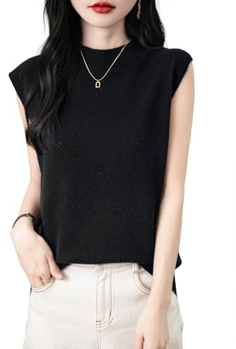 Chanyarn Donna 100% Lana Merino Primavera Autunno Inverno Prima Linea Pronto da Indossare Collo Alto Senza Cuciture Maglia Senza Maniche Maglione Gilet (Black,S)