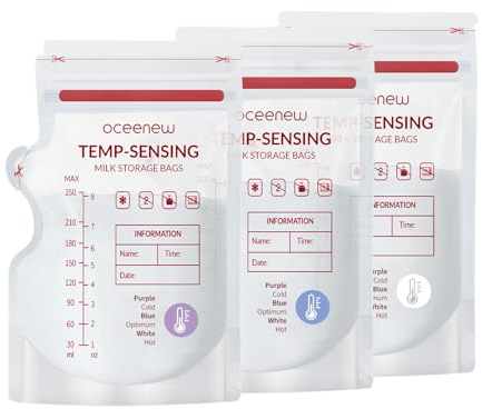 Oceenew Sachets de Congélation Lait Maternel de 250 ml à détection de température, sans BPA, avec bec verseur pour l'allaitement, autonome ou plat pré-stérilisé, gain de place pour, Lot de 50 sacs