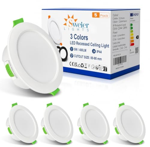 Sweier IP44 Focos LED Interior Techo 5W Regulables 3000K/4000K/6000K con Brillo de 5%-100%, Downlight LED Techo Empotrable AC220-240V, Orificio 80-90mm Pack 5