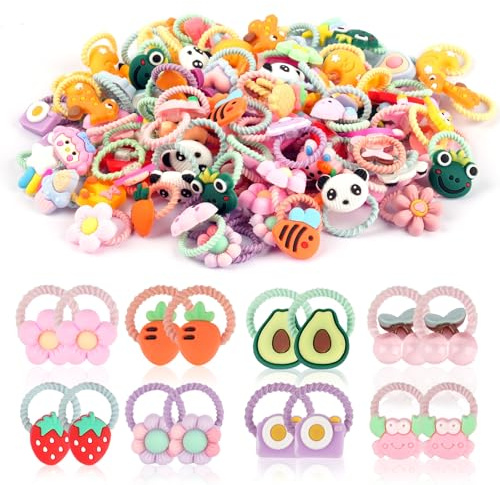 100 Stk Bunte Haargummis Mädchen, Elastische Baby Haargummi, Karikatur Haarbänder Mädchen, Kinder Haargummis Klein mit Schleifen-, Tier-, Blumen- und Obstmustern