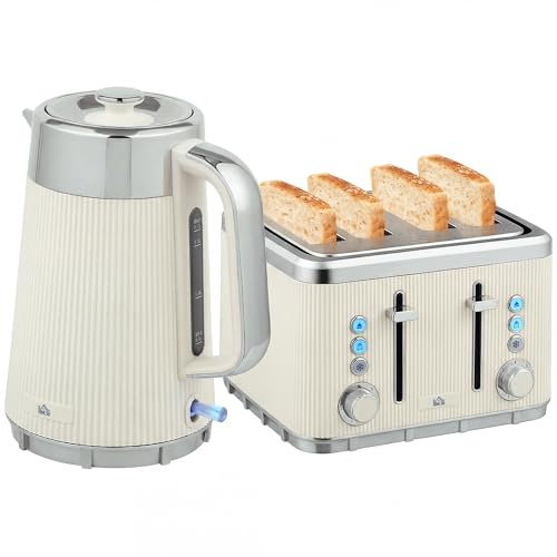 HOMCOM Electric Stainless Steel Kettle and Toaster Set, 3000W 1.7L UK Strix Thermostat Fast Boil Kettle w/Limescale Filter, Cool Touch Body, 4 Slice Toaster with 7 Browning Levels, Crumb Tray, Cream