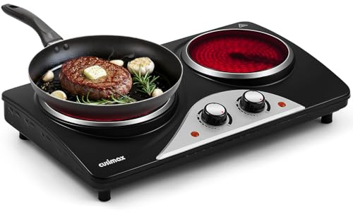 Hot Plate, CUSIMAX Electric Stove 1800W Double Burner, Portable Ceramic Infrared Cooktop, Dual Control Burners for Cooking, Heat-Up in Seconds, Compatible for All Cookwares, Black