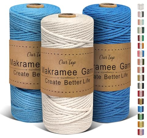 OurTop Premium makramégarn, set om 3, 3 mm x 100 m, makramésnöre, makramérep, garn för gör-det-själv-hantverk, vävning, dekoration, hängande växtväxt hängare (natur, ljusblå, blå)