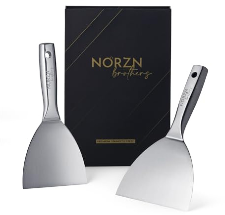 Stekspade Set i Rostfritt Stål – 2x Stekspade och Skrapa (10 och 12,7 cm) Flexibel med Gradient och Spegelpolerad Yta, Stekhäll Spade, Grillspade, BBQ, Diskmaskinssäker, 10 Års Garanti