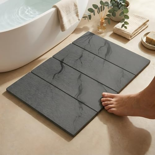 Bloomhüan Alfombra Diatomita Baño Plegable, Alfombrilla de Piedra de Tierra de Diatomeas, Super Absorbente y Secado Rápido, 60x40 cm, Tapete Antideslizante para Ducha, Baño y Cocina