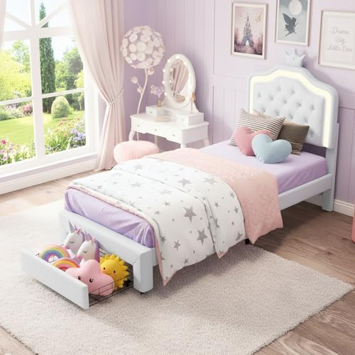 QLTXYHML Lit Enfant 90x200 avec Éclairage LED RGB et 1 Tiroir, Lit 1 Personne Rembourré en Cuir PU, Tête de Lit Couronne Réglable en Hauteur, Idéal pour Fille/Chambre Princesse (Blanc, 90x200 cm)