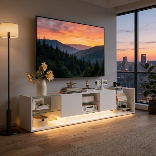Mueble de TV Moderno con 3 Puertas de Almacenamiento y estantes de Cristal LED Integrados, iluminación Multicolor, Ideal para salón o Dormitorio (Blanco, 200 x 44 x 38 cm)