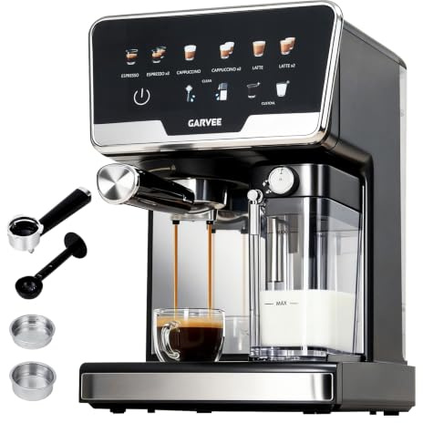 20 bar 1 450 W, dubbelvarmvattenberedare, automatisk mjölkskummare och självrengöring, espressomaskin med 2 liter vattentank, 500 ml mjölkkank, 6 program + handläge, för cappuccino och