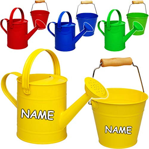 2 TLG. Set: Kleiner - Eimer + Gießkanne - Metall - bunter Farb-Mix - inkl. Name - 1,5 Liter - Blech Kindereimer Blecheimer/Metalleimer Sandeimer/Kindereim..