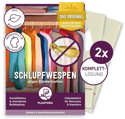 Plantura Schlupfwespen gegen Kleidermotten, Komplett-Lösung mit 8 Karten (2 Karten à 4 Lieferungen) - hochwirksame & nachhaltige Bekämpfung, Alternative zu Mottenkugeln