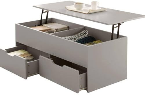 Home Source Lift Up Top Living Room Coffee Table, Pivoting Lid, Locking Support, 2 Large Storage Drawers, Grey