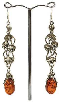 Art Nouveau Style Gorgeous Floral Earrings with Amber 925 Sterling Silver