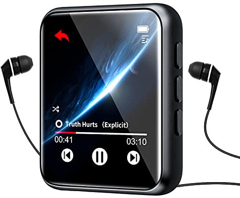 Bluetooth 5.0 Reproductor MP3, 64GB Reproductor de Música Pantalla Táctil Completa, con Altavoz, FM Radio, Grabación, Podometro, E-Book, Estuche de Metal, Soporte Expandible hasta 128G