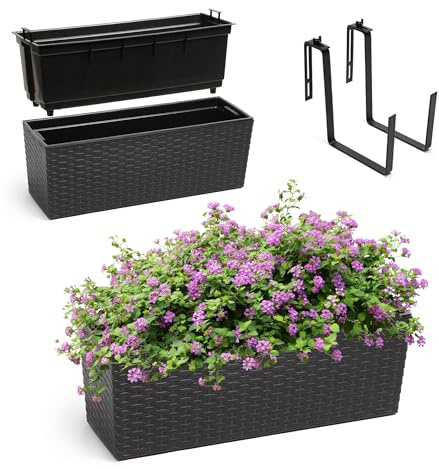 KADAX Blomlåda av plast, 18,5 x 56 cm, växtlåda med insats, väderbeständig balkonglåda, rektangulär blomkruka för utomhusbruk (med hållare, rottingmönster, svart)