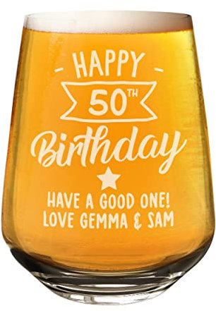 Personalizado Cerveza Artesanal Ginebra Vaso Vidrio Happy Birthday Estrella Pancarta Cualquier Nombre Cider 2/3 Pinta Traje Cumpleaños Papá Abuelo Padre Día