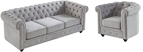 Vente-unique - Canapé 3 Places et Fauteuil Chesterfield - Velours Gris Clair