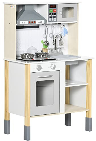 HOMCOM Cucina Giocattolo per Bambini con Altezza Regolabile, Effetti Sonori, Luci e Utensili, in MDF e PP, 60x30.5x93.2 cm, Grigia e Bianca