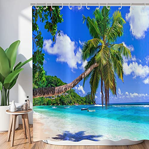 ASDCXZ Duschvorhang Palm Beach 180x200 cm, Sommer Meer Blauer Himmel Tropische Pflanzen Duschvorhänge Waschbar Polyester Textil Wasserdicht Duschvorhang für Badewanne mit 12 Duschvorhanghaken