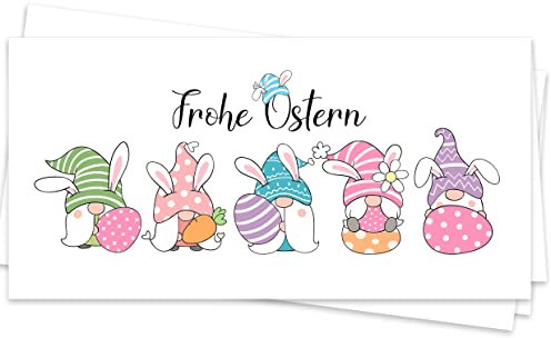 Osterkarten Set 10 Stück aufklappbar Frohe Ostern Grußkarten in lang Klappkarten mit süßen Zwergen Blumen Zwerge Happy Easter Oster Karten Kartenset hochwertig geschäftlich
