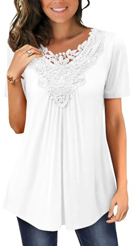 Magritta Womens Blouse Summer Short Sleeve Shirts Ladies Crewneck Lace Tunic Tops Trendy Plain Vintage Swing Tops for Leggings Work Loose Fit Shirt Black Large