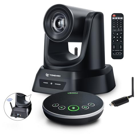 TONGVEO 5.8GHz drahtloses Konferenzraum-Kamerasystem mit Bluetooth-Mikrofon, 3X 60fps PTZ-Kamera für Online-Konferenz, funktioniert mit Zoom, Skype OBS Einfach einzurichten（50ft Tx Dist.）