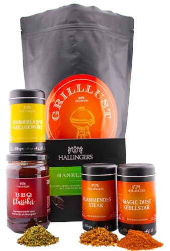 Hallingers Genuss Manufaktur Geschenkkorb Geschenkset – Feinkost Mix, Grillen Wundertüte XXL Grillsoße, 3 Gewürze/Rubs Magic Dust & Tafel Schokolade, Grilllust XXL