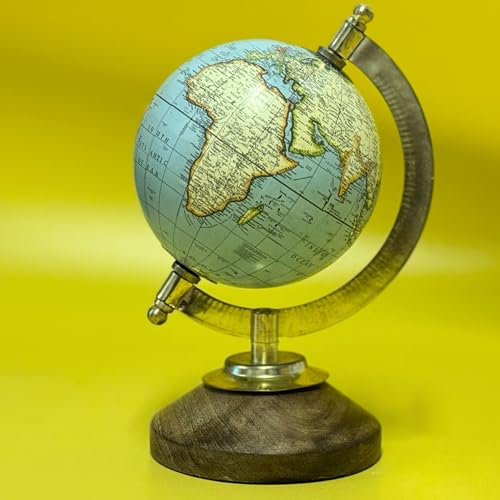 EXERZ Mini Globo Terráqueo Vintage de 10cm, Mapa en Inglés, Globo Decorativo Artesanal con Base de Madera (Color Azul Pálido)