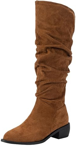 Bottes hautes pour femme avec talon bloc - Bottes hautes en daim - Bottes longues - Bout pointu - Antidérapantes - Bottes d'équitation vintage classiques - Bottes de cowboy occidentaux, kaki, 37 EU