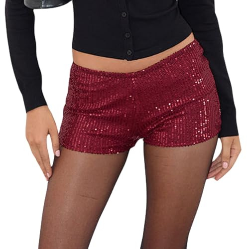 SYHVGI Women's Sparkly Shorts Low Rise Y2k Party Club Micro Mini Booty Shorts Going Out Bottoms Concert Rave Outfits (A-Claret, S)