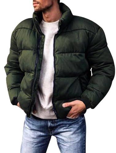 Genérico Cazadora Hombre Invierno Color Liso, Chaqueta Hombre Entretiempo Sin Capucha De Cremallera Cuello Mao, Plumíferos Vintage - Chaquetas Running Moda - Verde Militar L