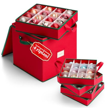 Avilia – Organizer per Palline di Natale in Tessuto Oxford Pieghevole 32x32x32 cm con 4 Scomparti Modulari per 64 Decorazioni, Protezione Antipolvere e Facile da Riporre sotto Letto o in Armadio