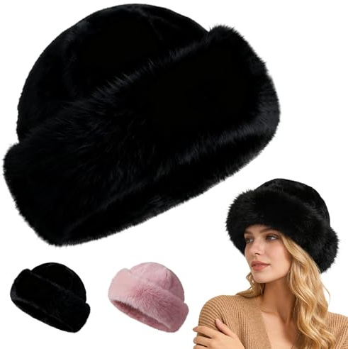 Womens Winter Faux Fur Bucket Hat, Winter Plush Fluffy Furry Faux Mink Hats, Warm Thickened Fisherman Cap Warm Cute (Black)