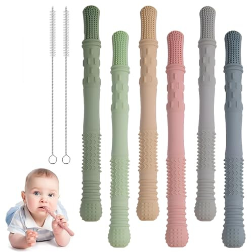 Mordedor Bebe Tubo de Silicona sin BPA, 6PCS Tubos Mordedor Bebe Refrigerante, Mordedores Bebes 3-18 meses, Aptos para Congelar y Lavavajillas, Tubo de Dentición con 2 Cepillos de Limpieza